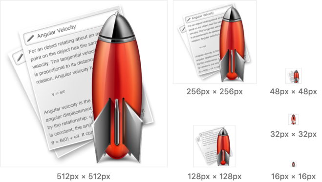 Six different sizes of the nvALT icon, from 16x16 to 512x512